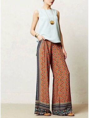 Elevenses Anthropologie Palazzo Pants Orange Blue Pattern Print Harem Boho 4